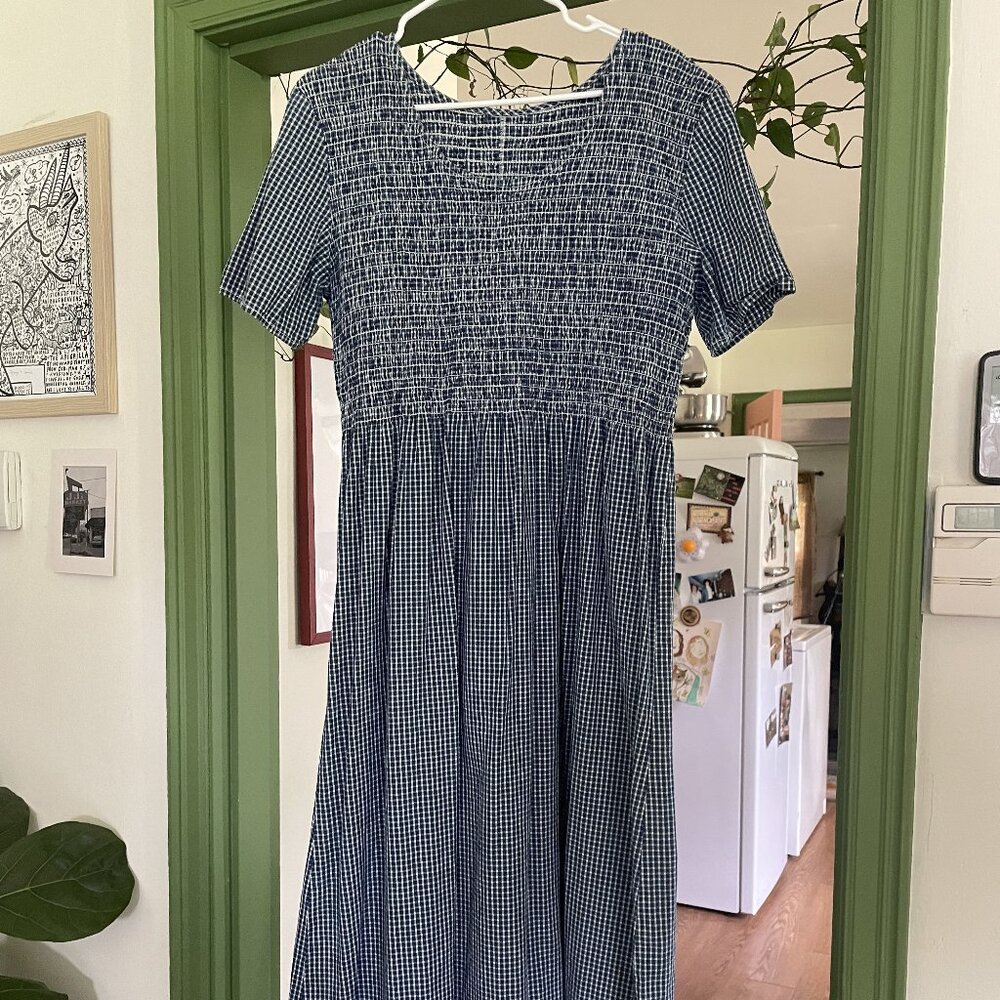 Smocked Gingham Maxi Dress - Navy/White
